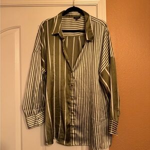 Boohoo Olive and White Striped Women's Button Down Shirt